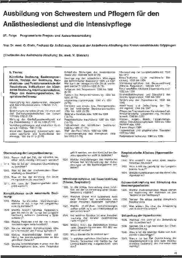 Vorschauseite 1: Ausbildung von Schwestern und Pflegern für den Anästhesiedienst und die Intensivpflege, 37. Folge Programmierte Fragen und Antworten.