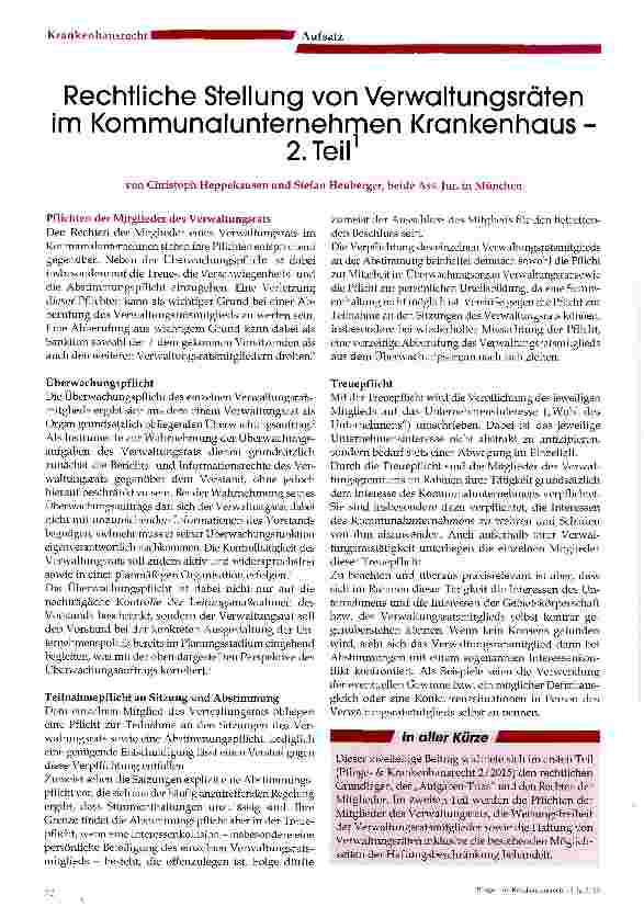 Vorschauseite 1: Rechtliche Stellung von Verwaltungsräten im Kommunalunternehmen Krankenhaus 2. Teil