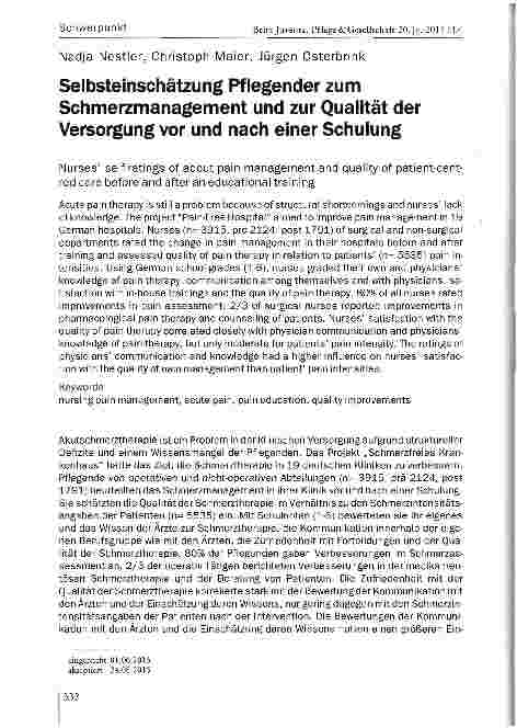Vorschauseite 1: Selbsteinschätzung Pflegender zum Schmerzmanagement und zur Qualität der Versorgung vor und nach einer Schulung