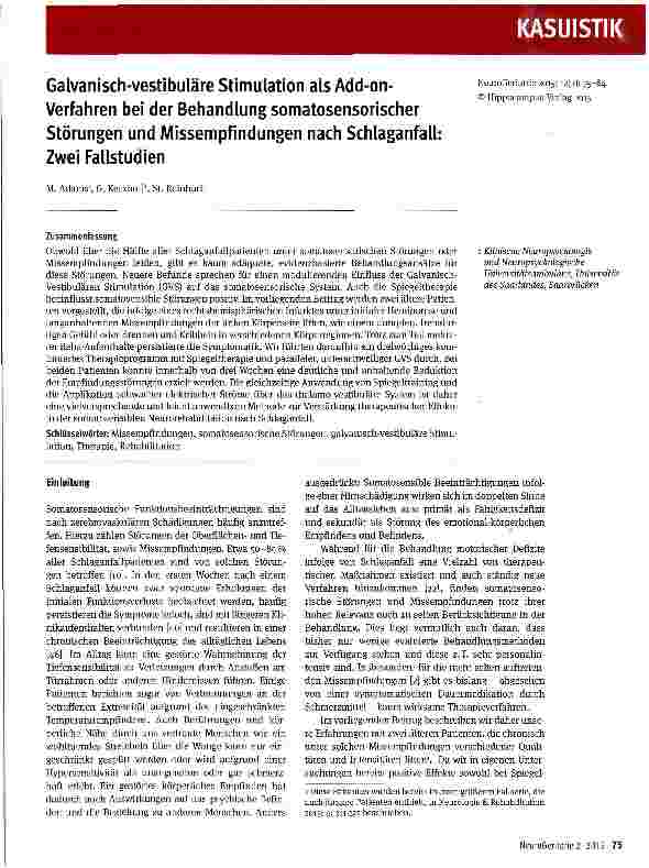 Vorschauseite 1: Galvanisch-vestibuläre Stimulation als Add-on-Verfahren bei der Behandlung somatosensorischer Störungen und Missempfindungen nach Schlaganfall: Zwei Fallstudien