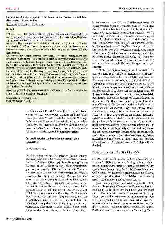 Vorschauseite 2: Galvanisch-vestibuläre Stimulation als Add-on-Verfahren bei der Behandlung somatosensorischer Störungen und Missempfindungen nach Schlaganfall: Zwei Fallstudien