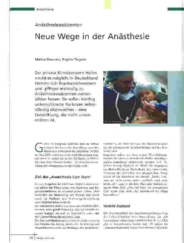 Vorschauseite 1: AnästhesieassistentenNeue Wege in der Anästhesie
