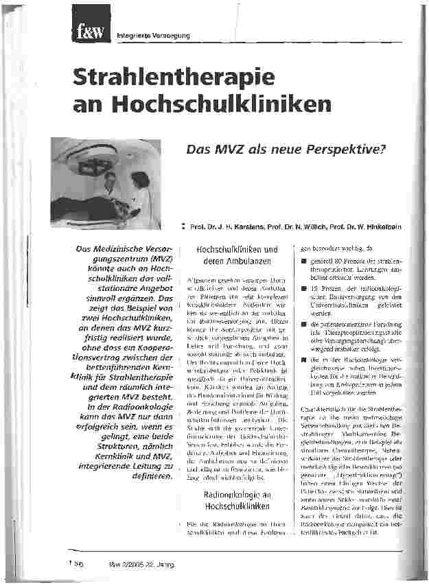 Vorschauseite 1: Strahlentherapie an Hochschulkliniken Das MVZ als neue Perspektive?