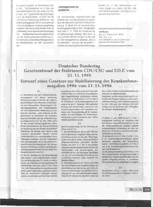 Vorschauseite 4: Zurück in die Zukunft: Notbremsung II Gesetzentwurf der CDU/CSUund der F. D. P. -Fraktion zur Stabilisierung der Krankenhausausgaben 1996 vom 21. 11. 1995
