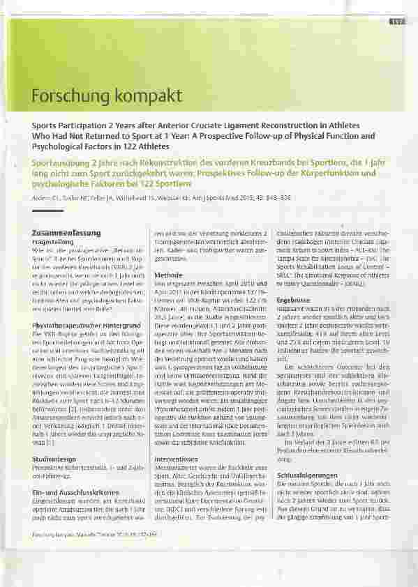 Vorschauseite 1: Sportausübung 2 Jahre nach Rekonstruktion des vorderen Kreuzbands bei Sportlern, die 1 Jahr lang nicht zum Sport zurückgekehrt waren: Prospektives Follow-up der Körperfunktion und…