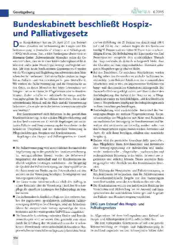 Vorschauseite 1: Bundeskabinett beschließt Hospiz-und Palliativgesetz