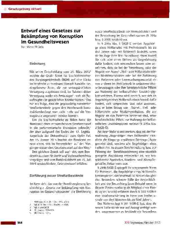 Vorschauseite 1: Entwurf eines Gesetzes zur Bekämpfung von Korruption im Gesundheitswesen