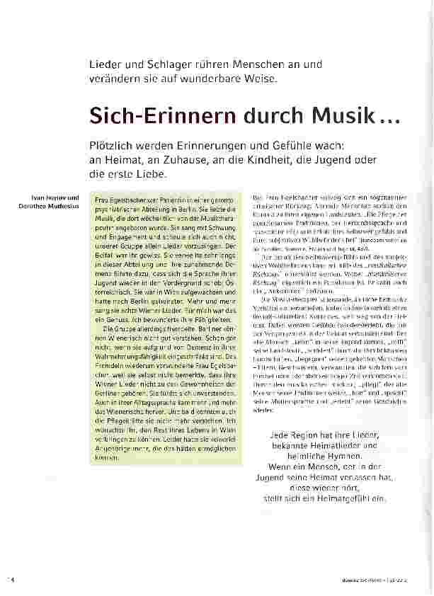 Vorschauseite 1: Sich-Erinnern durch Musik...Lieder und Schlager rühren Menschen an und verändern sie auf wunderbare Weise.