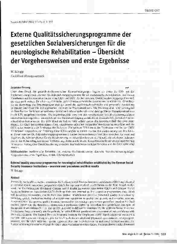 Vorschauseite 1: Externe Qualitätssicherungsprogramme der gesetzlichen Sozialversicherungen für die neurologische Rehabilitation - Übersicht der Vorgehensweisen und erste Ergebnisse