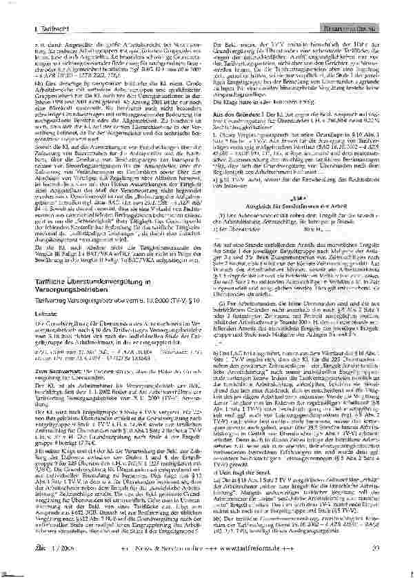 Vorschauseite 1: Tarifliche Überstundenvergütung in Versorgungsbetrieben