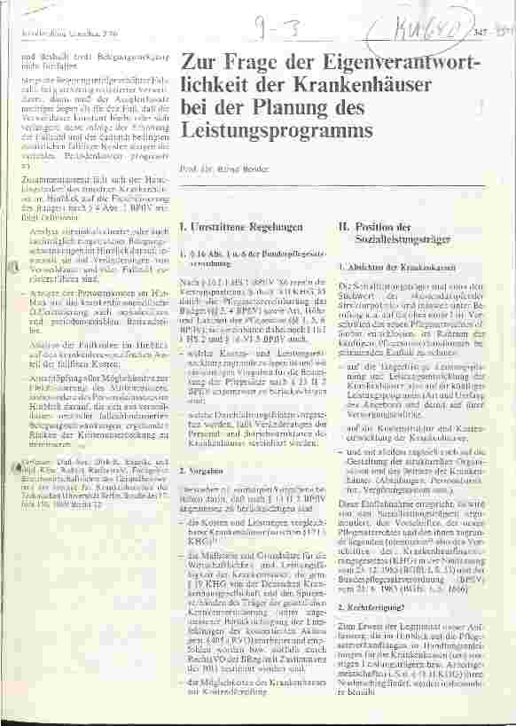 Vorschauseite 1: Zur Frage der Eigenverantwortlichkeit der Krankenhäuser bei der Planung des Leistungsprogramms
