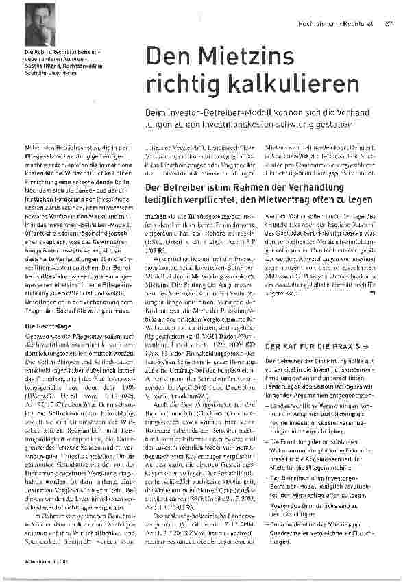 Vorschauseite 1: Den Mietzins richtig kalkulierenBeim Investor-Betreiber-Modell können sich die Verhandlungen zu den Investitionskosten schwierig gestalten