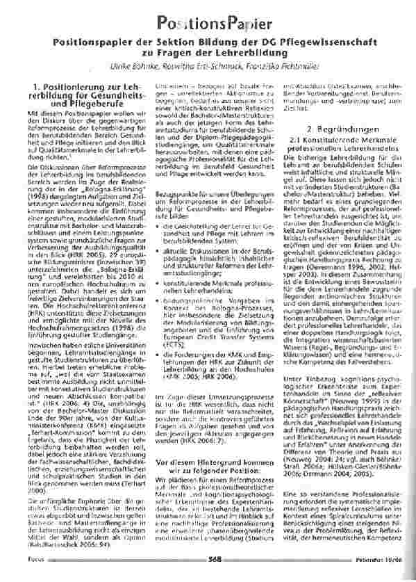Vorschauseite 1: PositionsPapier - Positionspapier der Sektion Bildung der DG Pflegewissenschaft zu Fragen der Lehrerbildung