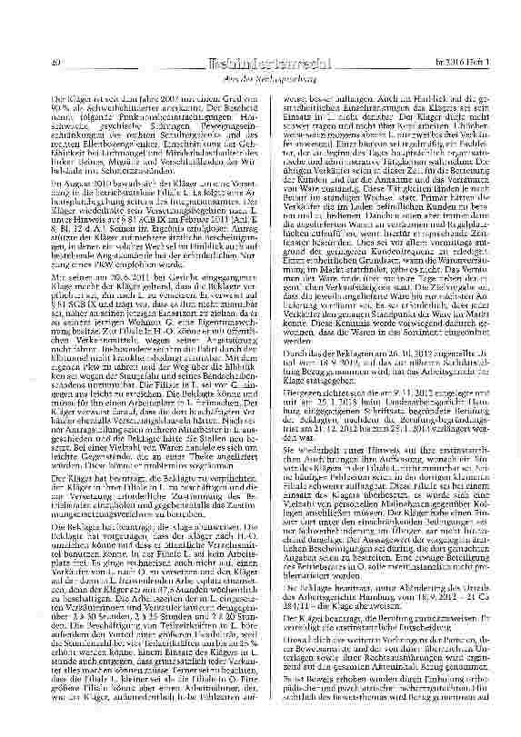 Vorschauseite 2: SGB IX § 81 Abs. 4; GewO § 106 Behinderungsgerechte Beschäftigung -Versetzungsbegehren - Beschäftigungsanspruch