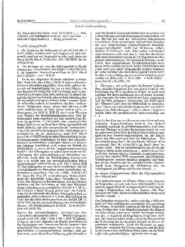 Vorschauseite 3: SGB IX § 81 Abs. 4; GewO § 106 Behinderungsgerechte Beschäftigung -Versetzungsbegehren - Beschäftigungsanspruch