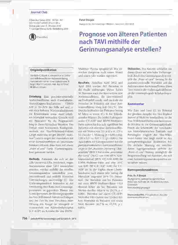Vorschauseite 1: Prognose von älteren Patienten nach TAVI mithilfe der Gerinnungsanalyse erstellen?