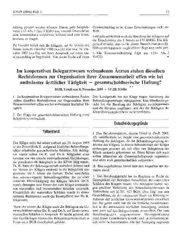 Vorschauseite 1: Im kooperativen Belegarztwesen verbundenen Ärzten stehen dieselben Rechtsformen zur Organisation ihrer Zusammenarbeit offen wie bei ambulanter ärztlicher Tätigkeit - gesamtschuldn…