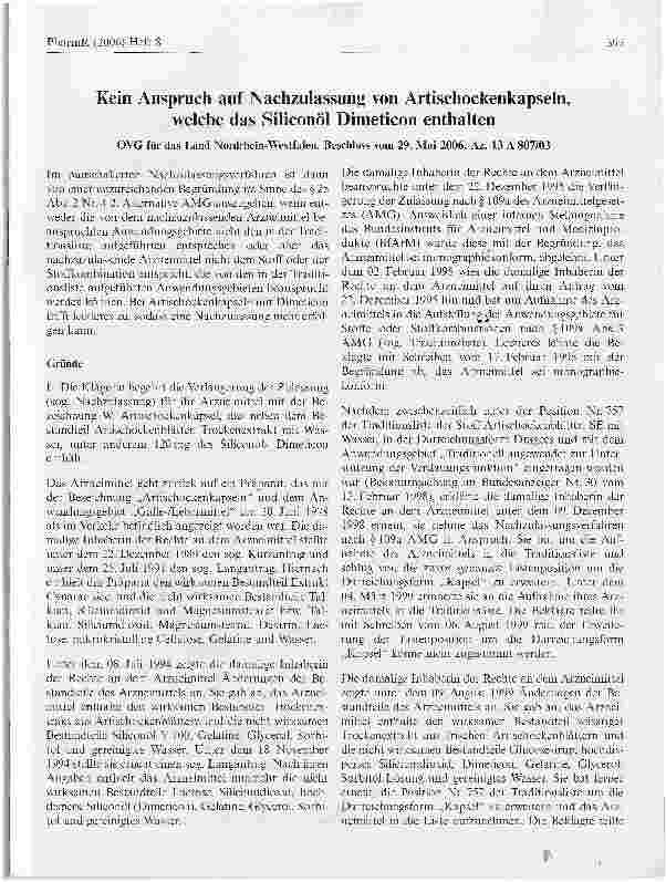 Vorschauseite 1: Kein Anspruch auf Nachzulassung von Artischockenkapseln, welche das Siliconöl Dimeticon enthalten