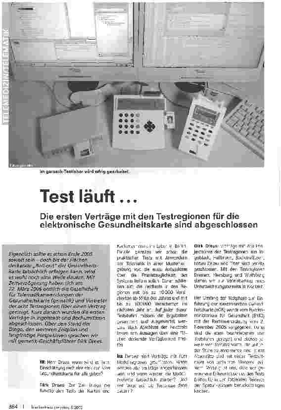 Vorschauseite 1: Test läuft. .. Die ersten Verträge mit den Testregionen für die elektronische Gesundheitskarte sind abgeschlossen