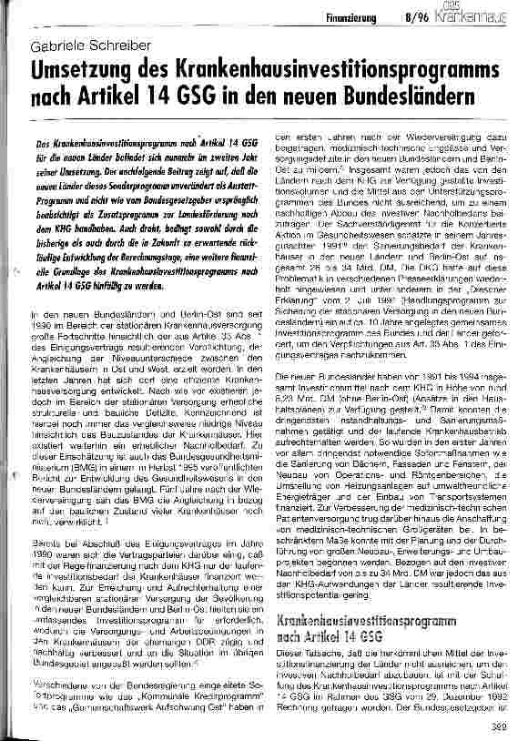 Vorschauseite 1: Umsetzung des Krankenhausinvestitionsprogramms nach Artikel 14 GSG in den neuen Bundesländern