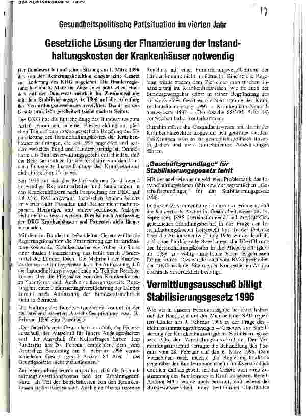 Vorschauseite 1: Gesetzliche Lösung der Finanzierung der Instandhaltungskosten der Krankenhäuser notwendig Gesundheitspolitische Pattsituation im vierten Jahr