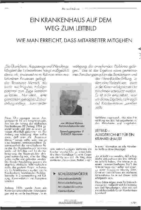 Vorschauseite 1: Ein Krankenhaus auf dem Weg zum Leitbild Wie man erreicht, daß Mitarbeiter mitgehen