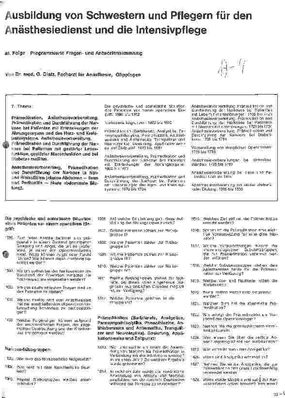 Vorschauseite 1: Ausbildung von Schwestern und Pflegern für den Anästhesiedienst u. die Intensivpflege /// 46. Folge: Programmierte Fragenu. Antwortsammlung