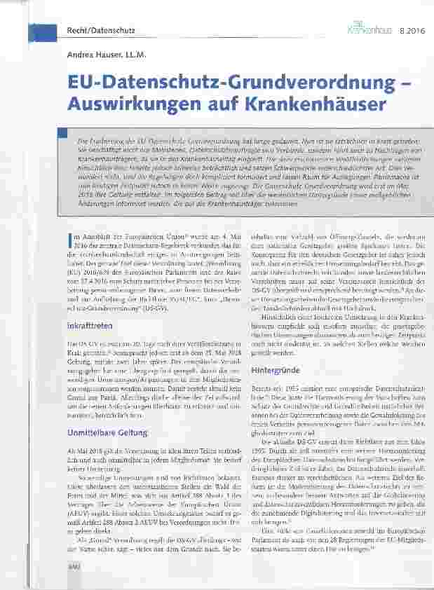 Vorschauseite 1: EU-Datenschutz-Grundverordnung - Auswirkungen auf Krankenhäuser