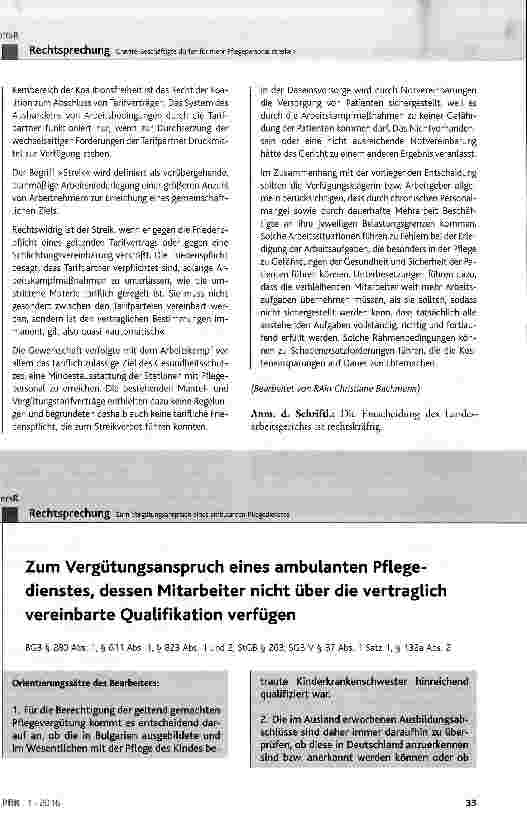 Vorschauseite 1: Zum Vergütungsanspruch eines ambulanten Pflegedienstes, dessen Mitarbeiter nicht über die vertraglich vereinbarte Qualifikation verfügen