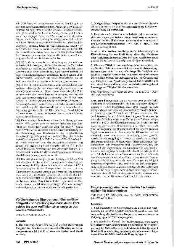 Vorschauseite 1: Vorübergehende Übertragung höherwertiger Tätigkeit zur Erprobung und nach deren Fehl-schlag bis zum Auffinden einer anderen pas-senden Teilzeitstelle