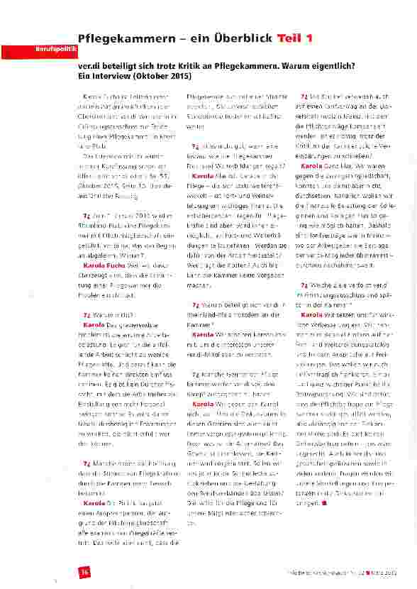Vorschauseite 1: Pflegekammern - ein Überblick Teil 1 ver. di beteiligt sich trotz Kritik an Pflegekammern. Warum eigentlich? Ein Interview (Oktober 2015)