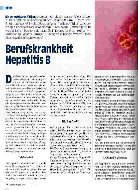 Vorschauseite 1: Berufskrankheit Hepatitis B Ein vermeidbares Risiko