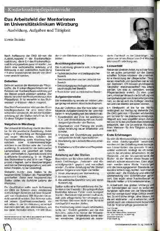 Vorschauseite 1: Das Arbeitsfeld der Mentorinnen im Universitätsklinikum Würzburg Ausbildung, Aufgaben und Tätigkeit