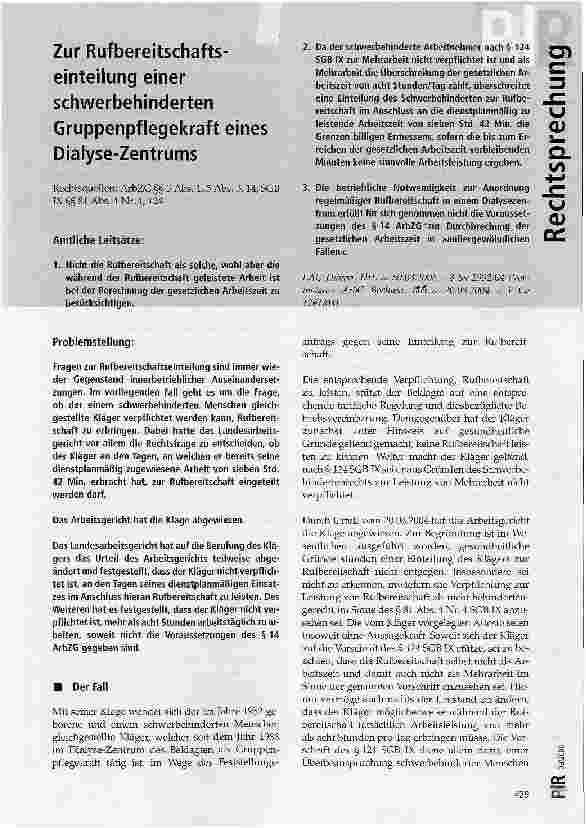 Vorschauseite 1: Zur Rufbereitschaftseinteilung einer schwerbehinderten Gruppenpflegekraft eines Dialyse-Zentrums