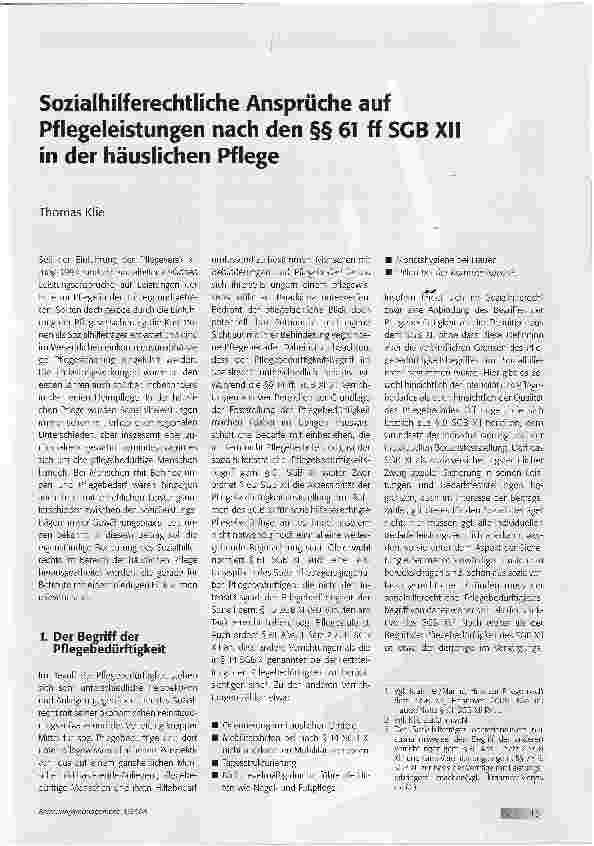 Vorschauseite 1: Sozialhilferechtliche Ansprüche auf Pflegeleistungen nach den §§ 61 ff SGB XII in der häuslichen Pflege