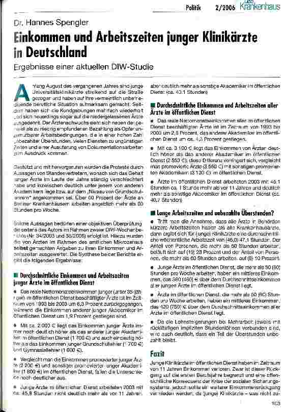 Vorschauseite 1: Einkommen und Arbeitszeiten junger Klinikärzte in Deutschland - Ergebnisse einer aktuellen DIW-Studie