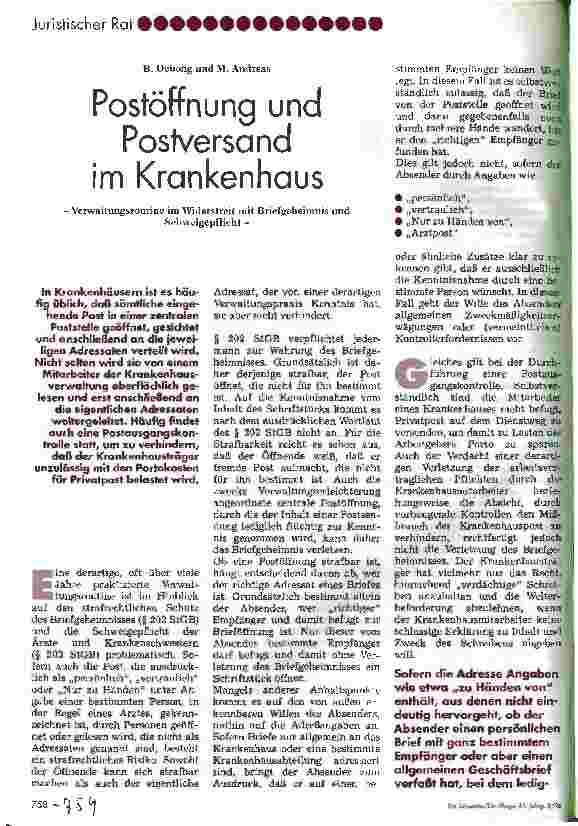 Vorschauseite 1: Postöffnung und Postversand im Krankenhaus Verwaltungsroutine im Widerstreit mit Briefgeheimnis und Schweigepflicht