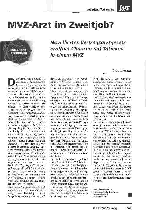 Vorschauseite 1: MVZ-Arzt im Zweitjob? - Novelliertes Vertragsarztgesetz eröffnet Chancen auf Tätigkeit in einem MVZ