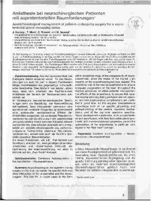 Vorschauseite 1: Anästhesie bei neurochirurgischen Patienten mit supratentoriellen Raumforderungen