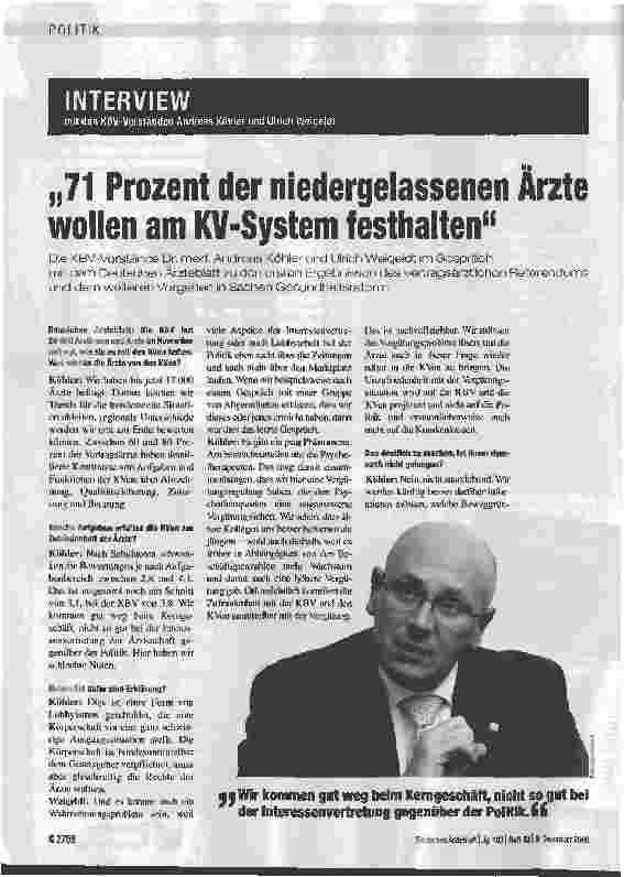 Vorschauseite 1: 71 Prozent der niedergelassenen Ärzte wollen am KV-System festhalten