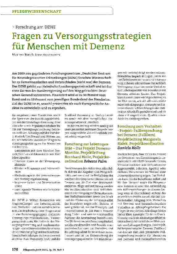 Vorschauseite 1: Fragen zu Versorgungsstrategien für Menschen mit Demenz