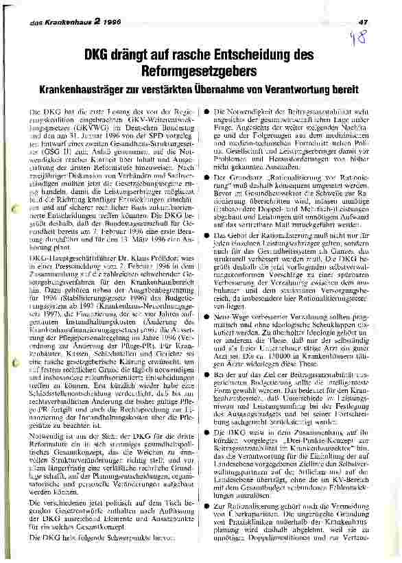 Vorschauseite 1: DKG drängt auf rasche Entscheidung des Reformgesetzgebers Krankenhausträger zur verstärkten Übernahme von Verantwortung bereit