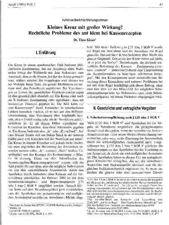Vorschauseite 1: Kleines Kreuz mit großer Wirkung? Rechtliche Probleme des aut idem bei Kassenrezepten