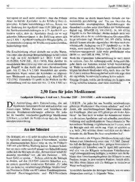 Vorschauseite 1: 2, 50 Euro für jedes MedikamentLandgericht Göttingen, Urteil vom 1. November 2005 - 3 O 115/05 - nicht rechtskräftig