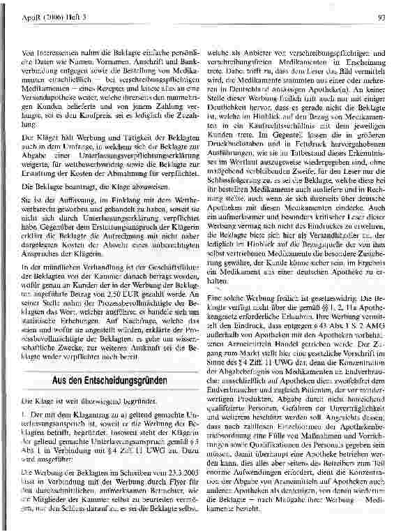 Vorschauseite 2: 2, 50 Euro für jedes MedikamentLandgericht Göttingen, Urteil vom 1. November 2005 - 3 O 115/05 - nicht rechtskräftig