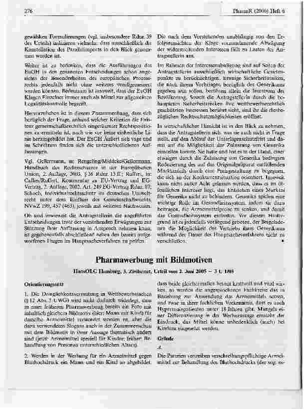 Vorschauseite 1: Pharmawerbung mit BildmotivenHansOLG Hamburg, 3. Zivilsenat, Urteil vom 2. Juni 2005 - 3 U 1/05