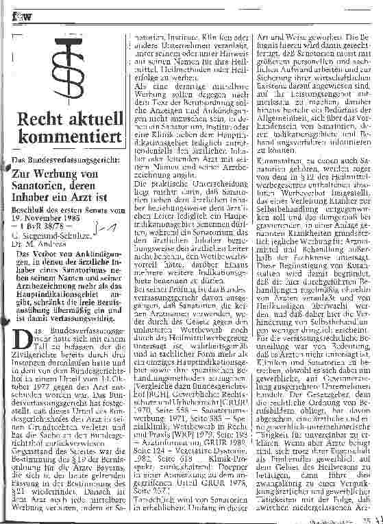 Vorschauseite 1: Zur Werbung von Sanatorien, deren Inhaber ein Arzt ist Bundesverfassungsgericht