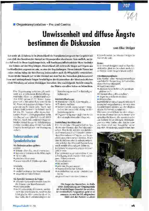 Vorschauseite 1: Unwissenheit und diffuse Ängste bestimmen die Diskussion Organtransplantation - Pro und Contra