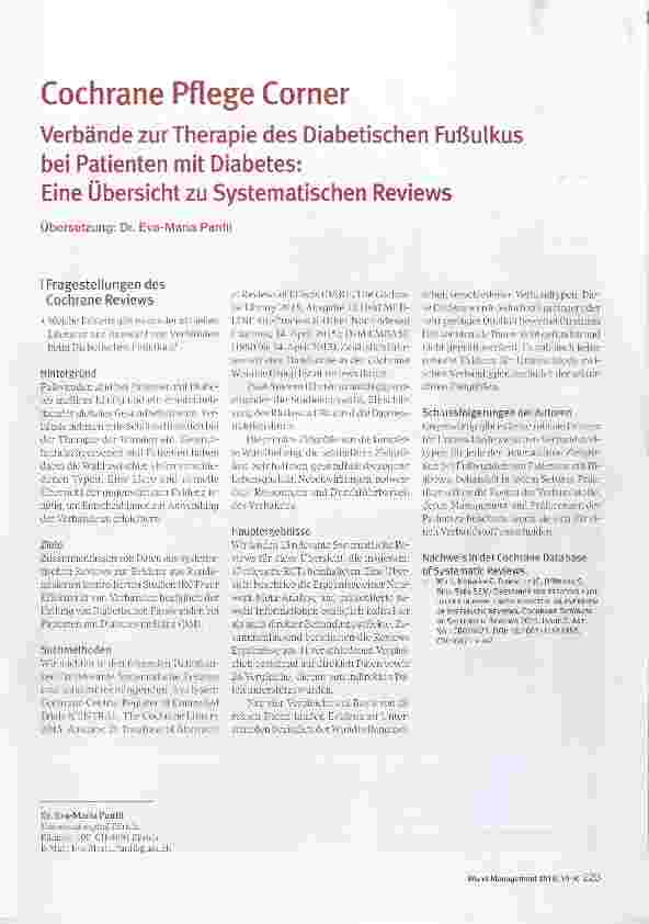 Vorschauseite 1: Cochrane Pflege CornerVerbände zur Therapie des Diabetischen Fußulkus bei Patienten mit Diabetes:Eine Übersicht zu Systematischen Reviews