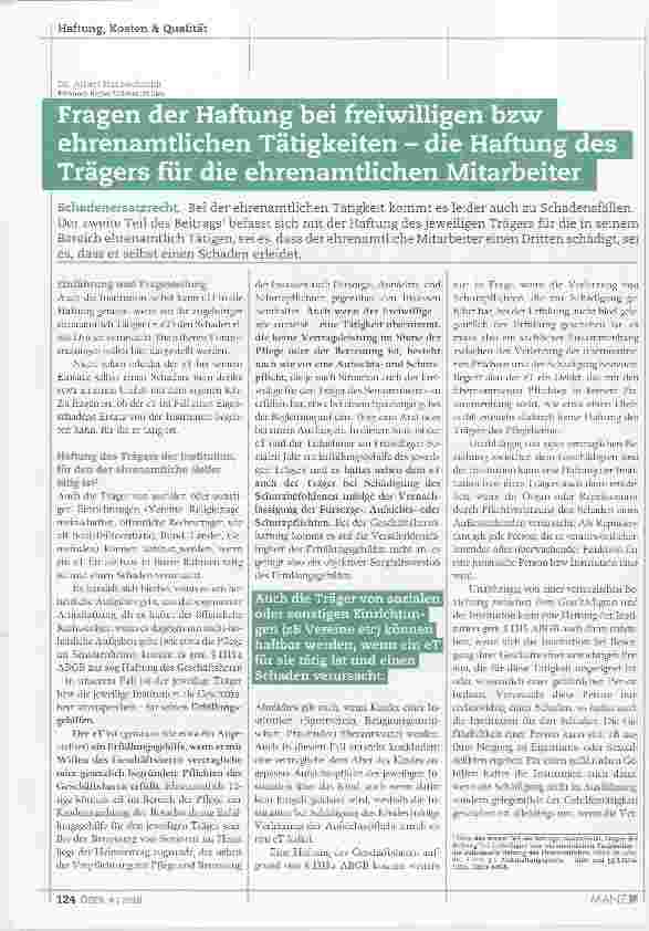 Vorschauseite 1: Fragen der Haftung bei freiwilligen bzw ehrenamtlichen Tätigkeiten die Haftung des Trägers für die ehrenamtlichen Mitarbeiter